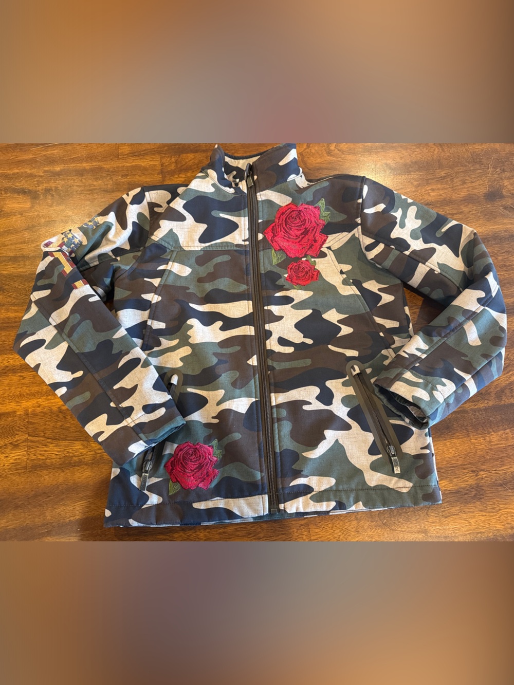Youth Ariat Girls Camouflage Zip-Up Jacket with Red Rose Embroidery